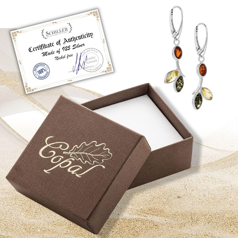 Genuine Amber Sterling Silver 925 Floral Design Earrings, Amber, No