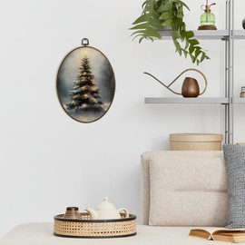 dvhdajed Vintage Christmas Tree Oval Wall Art Decor, Christmas Decoration, Rustic Moody Winter Pine Tree Framed Canvas Art, Farmhouse Forest Oval Wall Hanging Decor for Home Living Room, 8.7x11.3