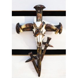 Ebros Gift Rustic Western Barbed Wires Bull Cow Skull With 3 Spike Nails Crosses Wall Cross Decor Plaque Vintage Design Hanging Sculpture Inspirational Accent