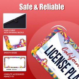 Hippie Flowers License Plate Frame Cute Floral License Plate Colorful Stainless Steel Rust-Proof Funny Auto Parts Beautiful License Plate Cover Decoration With Holes Screws Size 12.3" x 6.3" Men Women