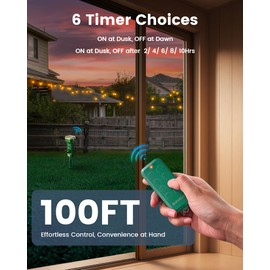 SURAIELEC Outdoor Power Stake Timer Waterproof, 100FT Wireless Remote Control, Dusk to Dawn Timer, 6 Grounded Plug Outlets, 6FT Extension Cord, for Christmas Lights, Garden, Patio Lights