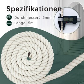 Cotton Rope Cord Cord 6 mm 5 m Rope Cotton Cord Thick Rope Macrame Yarn Rainbow DIY Set Garden Balcony Home Decoration Rope Beige