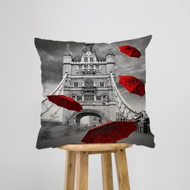 YGGQF Throw Pillow Cover Stylish London Bridge with Flying Red Umbrella Home Decor Pillowcase for Sofa 18x18 Inches