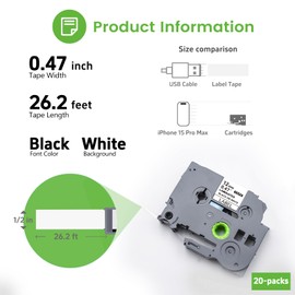 Womiten P Touch Label Tape 12mm 0.47 White Replace for Brother Laminated Tape for Indoor/Outdoor Use, TZe-231 Label Maker Refills for PTD220 PTD210 PTH110, Black on White, Water Resistant, 20 Pack