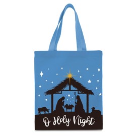 Whaline Christmas Canvas Tote Bags O Holy Night Grocery Shopping Bag Blue Black Nativity Scene Reusable Gift Goodie Bag for Gifts Wrapping Storage