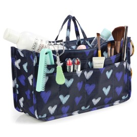 Cosmetic Bag for Women Cute Printing 14 Pockets Expandable Makeup Organizer Purse with Handles (Large Heart)