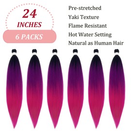 UPruyo Colored Purple Pink Ombre Braiding Hair Extensions for Braids Kanekalon Prestretched Pre Stretched Braiding Hair Ombre Fake Synthetic Hair for Braiding ​(24 In 6 Packs)