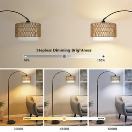 eyassi Arc Floor Lamp with Remote, Modern LED Floor Lamp with Dimmable Bulb, Boho Farmhouse Standing lamp with Fabric & Rattan Lampshades, Height Adjustable Black Tall Lamp for Living Room Bedroom