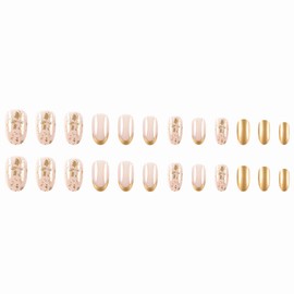 MERVF Medium Press on Nails Round Fake Nails Press ons Gold French Tip Glue on Nails with Glitter Design Oval Acrylic False Nails 24pcs Glossy