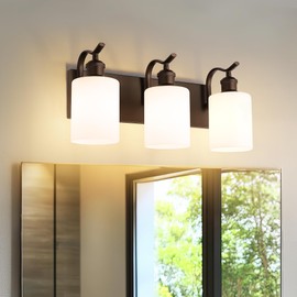 JAZAVA 3 Light Bathroom Vanity Light, Morden Vanity Lighting Fixtures Over Mirror Oil Rubbed Bronze Bathroom Sconces Wall Lighting with Milky White Frosted Shade ZCVL01ORBW-3