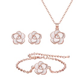 EleQueen 14K Rose Gold Plated White Enamel Rose Flower Necklace Earrings Bracelet Set Hypoallergenic Jewelry Sets Gift for Women