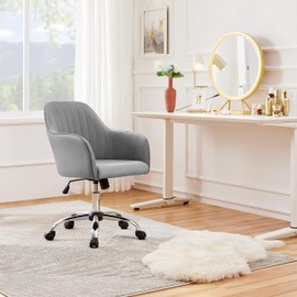 Yaheetech Modern Velvet Desk Chair Vanity Chair Height-Adjustable Swivel Computer Chair for Makeup Room Living Room Bedroom Soft Upholstered Office Chair Light Gray