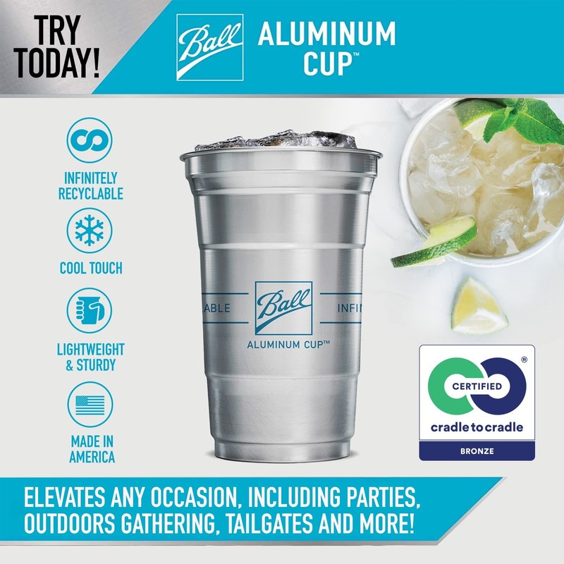 Ball Aluminum Cup Recyclable Party Cups, 20 oz. Cup, 10