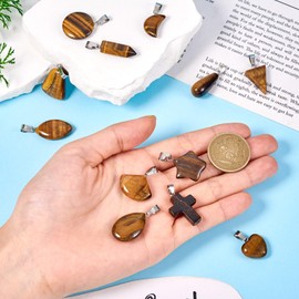 Magibeads 12Pcs Tiger Eye Gemstone Charms Cross Star Moon Teardrop Heart Bullet Brass Snap On Bails Healing Power Stone Charms for Crafts DIY Jewelry Making Supplies, Brass, Tiger Eye