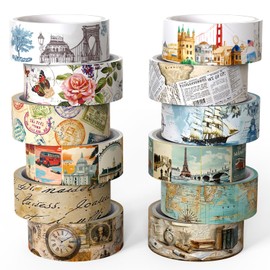 Juego de Cinta Washi Vintage, 12 Rollos de Cinta Decorativa Estética de Vacaciones y Viajes, Cinta Washi Retro con Diseño de Póster, Mapa, Sellos, Arquitectura, para Suministros de Diario