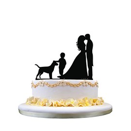 Topper de la torta de boda - novio y novia con un lindo niño y perro de mascota topper de acrílico