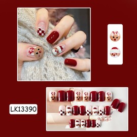 Christmas Press on Nails Square Short 24Pcs Red Glossy Full Cover Winter False Nails with Santa Claus Elk Plaids Designs Artificial Fake Nails with Glue Stick on Nails for Women Girls