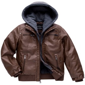 CREATMO US Boys Motorcycle Jacket Leather Jacket Faux Leather Jacket Zipper Up Hoodie Zipper Coat with Removable Hood Coffee Light 18/20