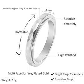 Nanafast 3mm Titanium Steel Anxiety Rings for Women Men Multi-faceted Wedding Band Fidget Rings for Anxiety for Women Rhombus Spinner Ring for Stress Relief Comfort Fit for Engagement Silver 7