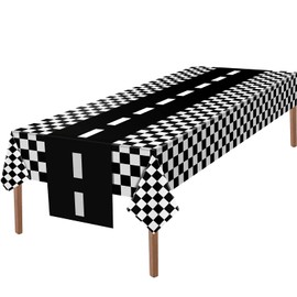 Checkered Race Car Party Supplies Including Plastic Disposable Black and White Checkered Flag Tablecloth Table Cover and Race Car Table Runner for Racing Birthday Party Decor Favor Supplies (2 Pcs)