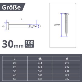 ORTAVA Pack of 100 Steel Nails, Nails for Concrete Walls, Galvanised, Nail Woodworking Brick, Universal Use Indoor and Outdoor Use (30 mm)
