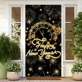 Black and Gold New Year Door Panel Decorations, New Year Decoration Gifts, Hanging New Year Banner as Photo Background, New Year's Eve Party Supplies, New Year Banners, Household Items