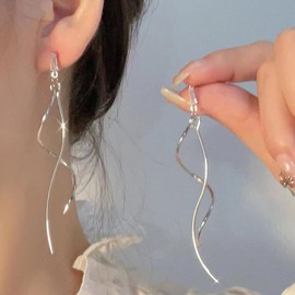 Silver Spiral Threader Earrings Minimalist Silver Dangle Earrings for women Hypoallergenic Pull Through Earrings Curve Twist Shape for Women's Jewelry (Silver 2)
