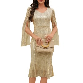 COOAN Sequin Cocktail Formal Dresses for Women,Weddings Guest Evening Party Gowns Slim Midi Fishtail Dress