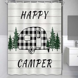 MERCHR Happy Camper RV Shower Curtain, Buffalo Plaid Check Trailer with Trees On Farmhouse Rustic Gray Wooden Fabric Shower Curtain Accessories for Travel Trailers Bathroom Decor, 47X64 Inches