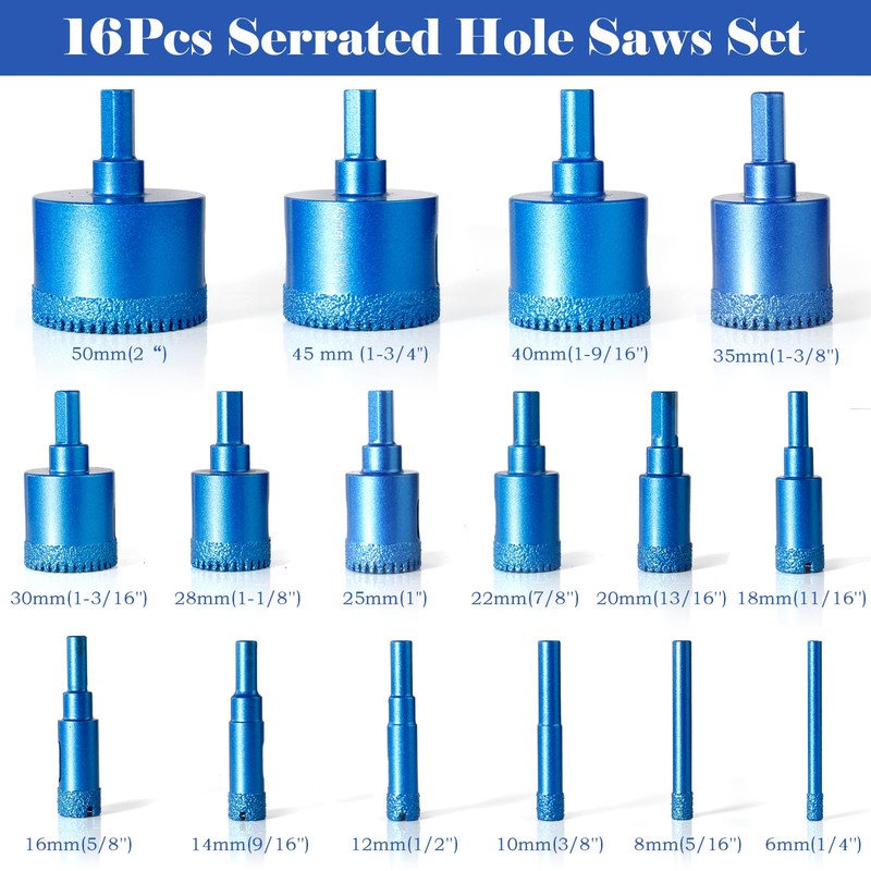 Diamond Hole Saw Tile Drill Bits Kit - 16PCs Crack-Free