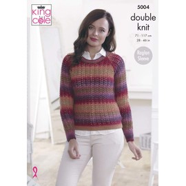King Cole Ladies Double Knitting Pattern Womens Raglan Sleeve Lacy Round or V Neck Sweater (5004)