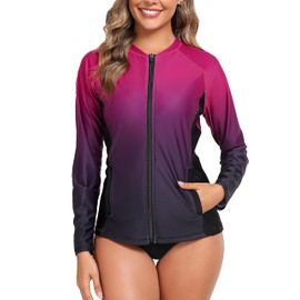 Halcurt Women's Full Zip Long Sleeve Rash Guard Swim Top with Pockets UPF50+ Quick Dry Swimsuit Ombre Hot Pink Black 2XL
