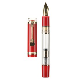 Jinhao 1935 Tiandao Fountain Pen, Size 8 Fine Nib, Red and Transparent Acrylic with Converter and Guitar Clip