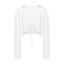 MACNOORA Women's Tie Front Cardigan Shrugs for Dresses Summer Lightweight Crop Top Beach Cover Up, White Crochet Sweater, M