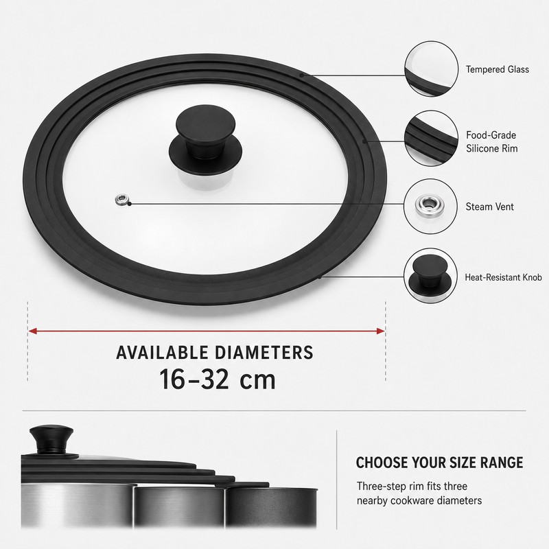 Universal Silicone Glass Pot Lid with Steam Vent, 16-32cm