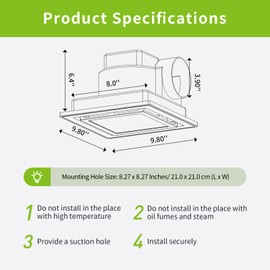 Tolery Bathroom Fan with Light Ceiling Mount Shower Ventilation Exhaust Fan with Color Change Light 3000K/4000K/6000KVent Fan and Light Combo for Home 1.0Sone 110 CFM 110V 4" Duct Square White