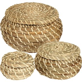 Dicunoy Set of 3 Small Wicker Basket with Lid, Round Woven Seagrass Baskets, Little Handmade Rattan Storage Basket Box for Shelf, Home, Bathroom