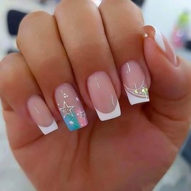 RikView French Tip Press on Nails Medium Fake Nails White Nails Square Stick on Nails Glossy Full Cover Nails