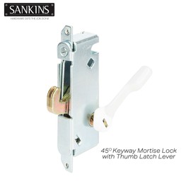 SANKINS Mortise Lock with White Latch Lever, Adjustable Spring-Loaded Hook Latch Projection for Sliding Patio Doors, 45 Degree Angle Keyway, Fits 3-11/16” Hole Spacing, Round-End Faceplate