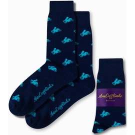 Calcetines AUSCUFFLINKS para él y ella | Regalo unisex para adultos | Calcetines de alta calidad, algodón 80%, nailon 15%, elastano 10% | Talla única, unisex | Azul, navidad | Motocicleta | 1 par