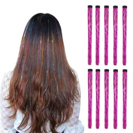 LiaSun 10Pcs/set Highlight Glitter Tinsel Hair Extensions Clip In - Colored Party Sparkling & Shiny Hair Extensions - Multi-Colors Hair Streak Bling Hairpieces (Rose)