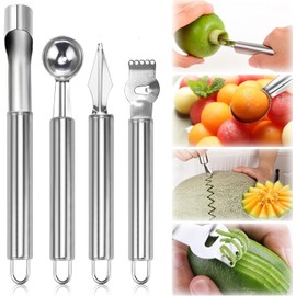 GUOYOU 4 Pcs Melon Baller Scoop Set, Stainless Steel Fruit Ball Scoop Carving Tools, Fruit Carving Tools, with Fruit Core Remover Tool, Multifunctional Fruit Peeler, for DIY Fruit Salads and Desserts