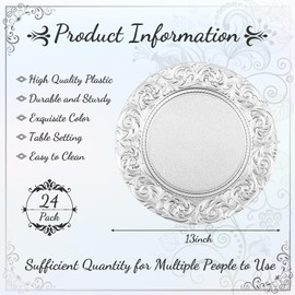 Uiifan Antique Charger Plates Bulk 13'' Plastic Embossed Dinner Plate Chargers Round Floral Plates for Wedding Decorative Chargers for Table Dinner Kitchen Party Decoration(Silver, 24 Pcs)