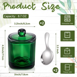 Reallnaive 2 Set Glass Salt Cellar with Lid and Spoon Container for Kosher, Sea, Himalayan Salt, Candy, Pepper, Heavyweight Seasoning Jar, Dishwasher Safe, 8.7oz(Green)