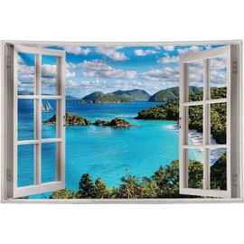 FENDROM Ocean Beach Tapestry Wall Hanging Blue Sea Tropic Island Paradise Summer Coconut Tree Palm Seaside Window Nature for Bedroom Aesthetic