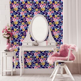 VaryFloral Floral Peel and Stick Wallpaper Vivid Colorful Flowers Navy Blue Wallpaper for Bedroom Pink Yellow Blue Multicolor Floral Contact Paper for Cabinet, Self Adhesive, Removable, 12"x118"