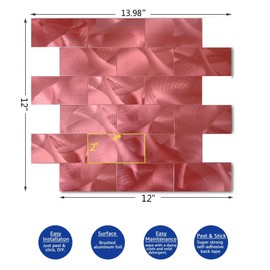 YMMXGE 10-Sheet Peel and Stick Backsplash Tile for Home Decor, Self Adhesive Subway Sticker Aluminum 3D Wall Stick on Kitchen,Bathroom,Fireplace,Laundry Table (10, Bright red)