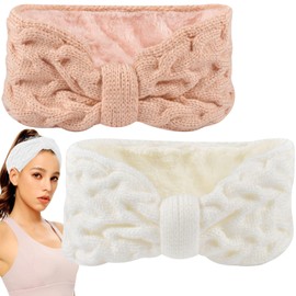 ZeYou Women's Winter Headband, 2 Pieces, White and Pink Headbands, Knitted, Hair Band, Ear Warmers, Elastic Headband, Thick Headband, Ear Warmers, Warm for Women/Girls