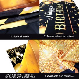 Birthday Backdrop Extra Large Black Gold-Premium 1.8m x 1.15m Fabric Party Banner for Photo Booth, Anniversary Decorations & Celebrations-Elegant Photography Background (Happy Birthday Sign)