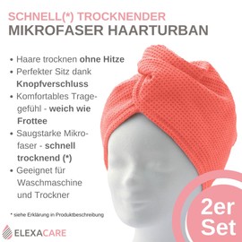 Elexacare Hair Turban Towel with Button, Pack of 2, Various Colours, Microfiber Towel for Head and Long Hair